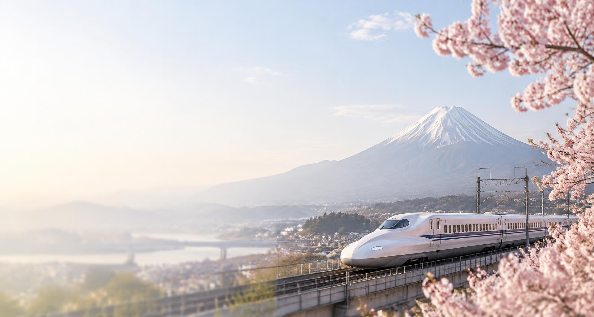Shinkansen bullet train passing Mount Fuji among cherry blossoms